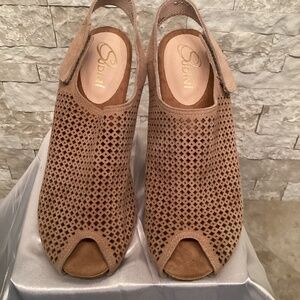 Sudini Aly Taupe Sling Back Dress Wedge Perforated Suede SandalS